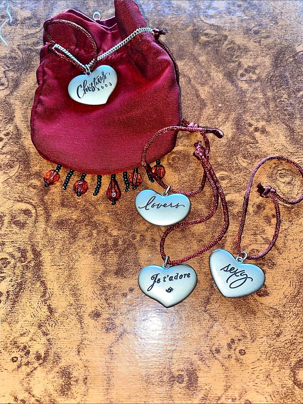 Vintage Hallmark Heart Charm Pendant Set With Burgundy Bag
